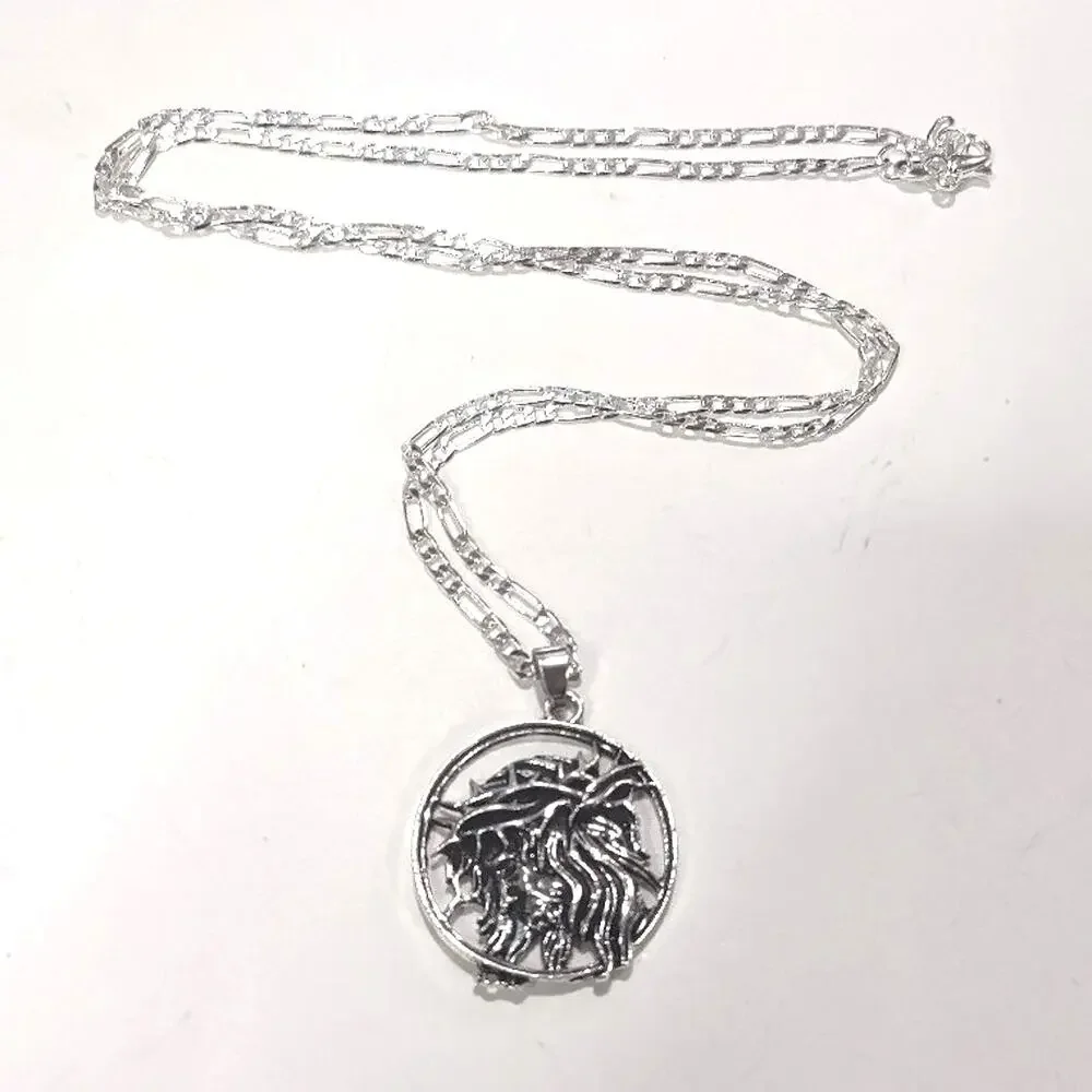 925 Silver Necklace Figaro Jesus Crown of Thorns Christian Catholic Pendant Gift